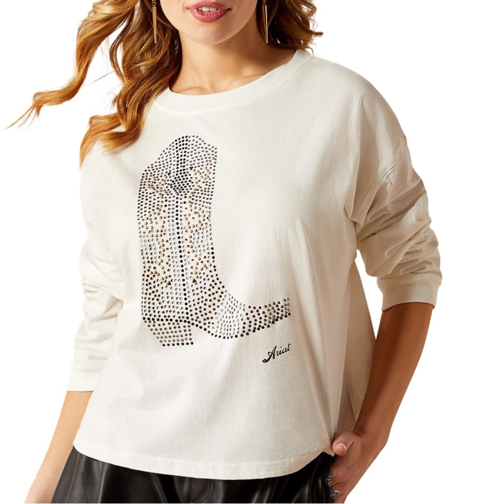 Ariat- Rhinestone Cowboy Boot Boxy Crop Long Sleeve Graphic Tee Shirt - XL - EUC